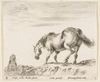 Levy 4: hevonen profiilissa vasemmalle, laskeutumassa kukkulasta, hevonen..., n. 1644-47. tekijältä Stefano della Bella