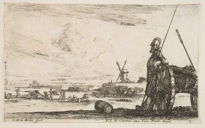 Levy 5: Pikeman seisoo aivan tykin vieressä, muita sotilashahmoja..., n. 1641. tekijältä Stefano della Bella