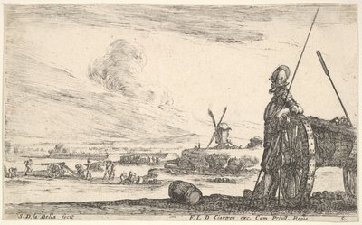 Levy 5: Pikeman seisoo aivan kanonin vieressä, muita sotilashahmoja ba..., n. 1641. tekijältä Stefano della Bella