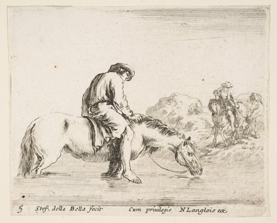 Levy 5: paljasjalkainen talonpoika hevosella ylittämässä jokea, toinen talonpoika hevosella..., n. 1644-47. tekijältä Stefano della Bella