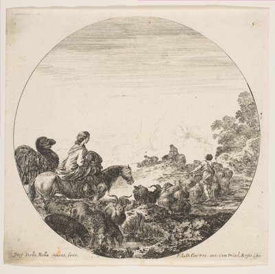Levy 5: nainen kantaa lasta hevosen selässä vasemmalla, kameli seuraa häntä, lauma..., n. 1646. tekijältä Stefano della Bella
