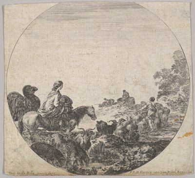 Levy 5: nainen kantaa lasta hevosen selässä vasemmalla, kameli seuraa häntä, lauma..., n. 1643-48. tekijältä Stefano della Bella