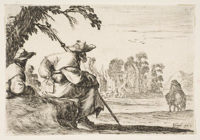 Levy 5: Kaksi hattuista pyhiinvaeltajaa lepää vasemmalla, takaa katsottuna, ratsastaja ratsastaa kohti..., 1642. tekijältä Stefano della Bella