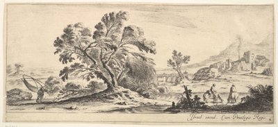 Levy 6: kalastaja kantamassa verkkoa vasemmalla, kaksi hevosmiestä purossa oikealla, puu..., n. 1641. tekijältä Stefano della Bella