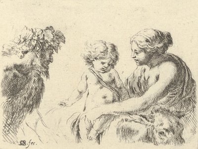 Levy 6: nainen oikealla pitelee lastaan, joka istuu aasin huipulla, satyr l..., n. 1646. tekijältä Stefano della Bella