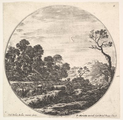 Taulu 6: lehmät ylittävät laakson vasemmalla, puuryhmä vasemmalla, ratsumies ja o..., n. 1643-48. tekijältä Stefano della Bella
