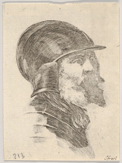 Levy 6: kypärää käyttävän vanhan parrakkaan sotilaan pää oikealle, Various heads..., 1650. tekijältä Stefano della Bella