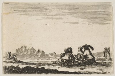 Levy 7: Kaksi aatelismiestä istuvat keskellä, takaa katsottuna, keskustelemassa aatelisnaisen meren kanssa..., 1642. tekijältä Stefano della Bella