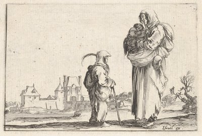 Levy 7: talonpoikanainen kantamassa lasta oikealla, puhumassa toiselle seisovalle lapselle..., n. 1642. tekijältä Stefano della Bella
