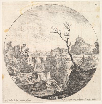 Levy 7: kolminkertainen vesiputous, kuollut puu oikealla, vuori ja lehmälauma..., noin. 1643-48. tekijältä Stefano della Bella