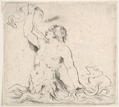 Levy 7: tritoni vedessä, vasemmalle päin, ankeriaan ylhäällä oikeassa kädessään ja t..., n. 1646. tekijältä Stefano della Bella