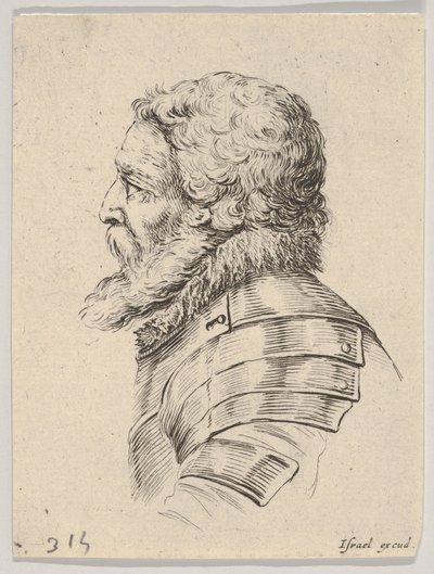 Levy 7: Haarniskan päällä olevan parrakkaan sotilaan rintakuva, vasemmalle päin, Various he..., 1650. tekijältä Stefano della Bella