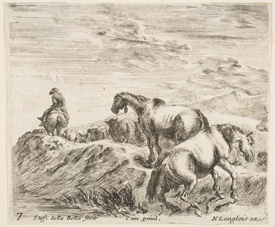 Levy 7: kaksi hevosta nousemassa oikealla joen rannalle kulkueessa ..., n. 1644-47. tekijältä Stefano della Bella