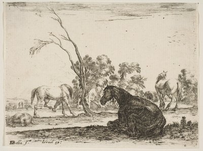 Kilpi 8: istuva hevonen oikealla, takaa katsottuna ja vasemmalle käännettynä, kolme muuta hor..., 1642. tekijältä Stefano della Bella