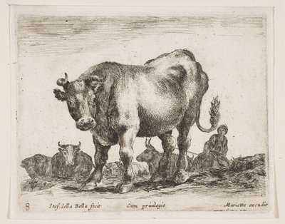 Levy 8: lehmä, eri eläimistä Diversi animali, n. 1641. tekijältä Stefano della Bella