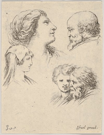 Levy 9: viisi päätä, kaksi nuorta naista vasemmalla, parrakas mies yläoikealla, nuori nainen..., n. 1649. tekijältä Stefano della Bella