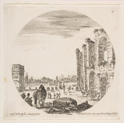 Levy 9: Konstantinuksen kaari vasemmalla, osa Colosseumia oikealla, erilaisia hors..., n. 1646. tekijältä Stefano della Bella