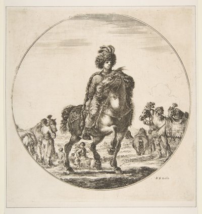 Puolalainen ratsumies oikealle, pyöreä sommitelma, Figuures on Horseback Cav..., n. 1651. tekijältä Stefano della Bella