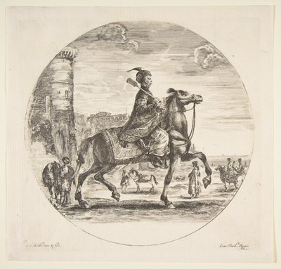 Puolalainen ratsumies profiilissa oikealle, torni ja muita hahmoja hevosilla taustalla..., n. 1651. tekijältä Stefano della Bella