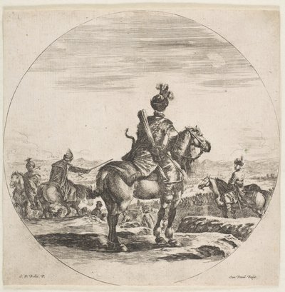 Puolalainen ratsumies jousella ja nuolella, takaa katsottuna hevonen oikealle, ..., n. 1651. tekijältä Stefano della Bella