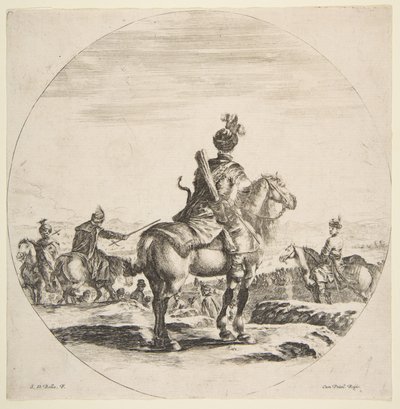Puolalainen ratsumies jousella ja nuolella, takaa katsottuna hevonen oikealle, ..., n. 1651. tekijältä Stefano della Bella