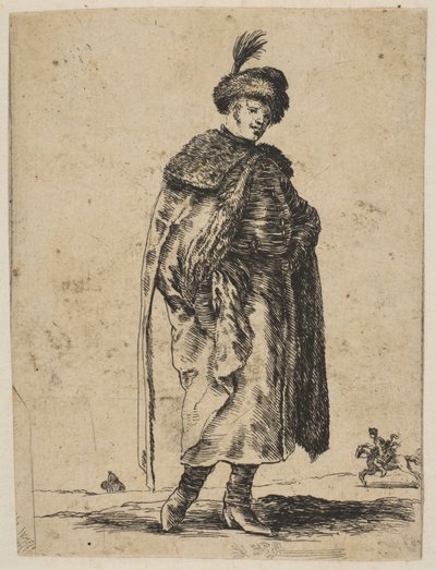 Puolalainen mies, jolla on viikset, yllään turkki ja hattu höyhenellä, n. 1648. tekijältä Stefano della Bella