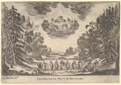 Toinen kohtaus Dianan metsässä jumalten häistä Le nozze degli Dei, 1637. tekijältä Stefano della Bella