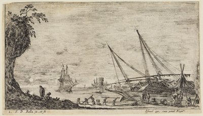Merimaisemat (Paysages maritimes): Merisatama, jossa merimiehet ja työntekijät kuljettavat puutukkeja tekijältä Stefano della Bella