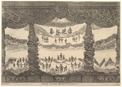 Kuudes kohtaus, taivaat, jumalten häät Le nozze degli Dei, 1637. tekijältä Stefano della Bella