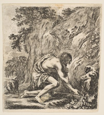 Pyhä Johannes Kastaja ammentaa vettä lähteestä, n. 1649. tekijältä Stefano della Bella