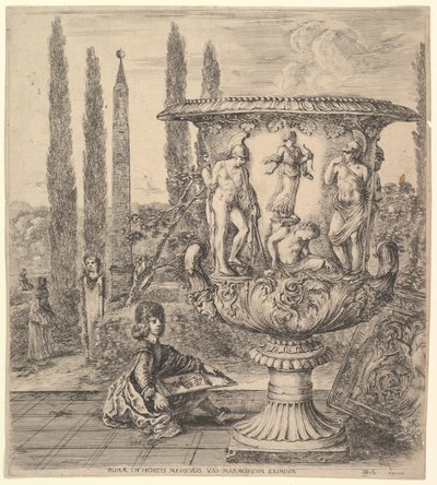Medici-maljakko, suuri maljakko oikealla, koristeltu esityksellä..., 1656. tekijältä Stefano della Bella