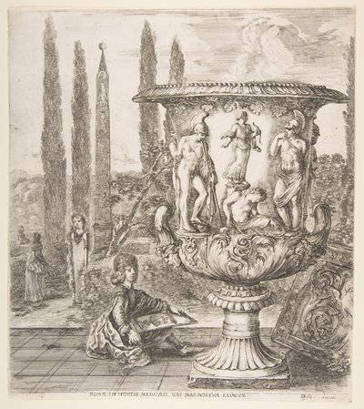 Medici-maljakko, suuri maljakko oikealla, koristeltu esityksellä..., 1656. tekijältä Stefano della Bella