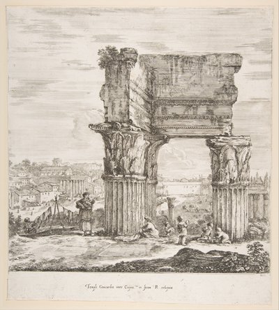 Vespasianuksen temppeli ja Forum Romanum, kuudesta suuresta näköalasta, neljästä Roomasta ja kahdesta..., 1656. tekijältä Stefano della Bella