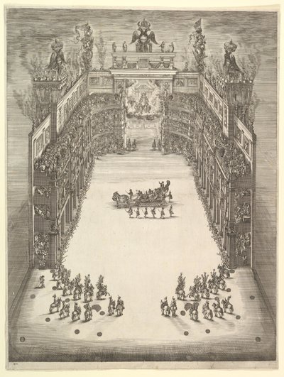 Modenan teatteri, ylhäältä katsottuna ja täynnä katsojia, voittoautolla cen..., 1652. tekijältä Stefano della Bella