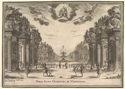 Kolmas kohtaus, Venuksen puutarha, elokuvasta "Jumalien häät" Le nozze degli Dei, 1637. tekijältä Stefano della Bella