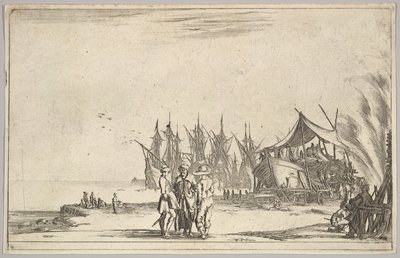 Kolme hattua pukeutunutta miestä seisoo keskellä, miehet kiinnittävät laivaa oikealle, viisi laivaa ja vari..., 1639. tekijältä Stefano della Bella