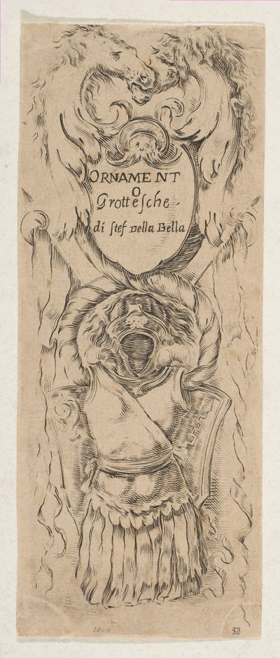 Kaksi hevosenpäätä kehystää kilven, n. 1653. tekijältä Stefano della Bella