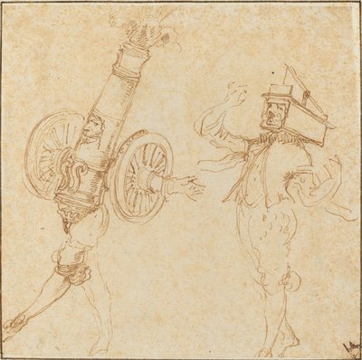 Kaksi miestä naamiaisasuissa: Tykin laukaisu ja kissa hiirenloukun sisällä, c. 1645. tekijältä Stefano della Bella