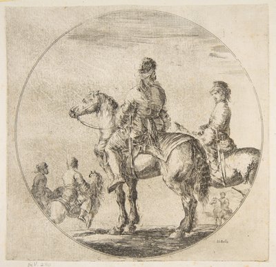Kaksi puolalaista ratsumiestä hevosineen kasvot vasemmalle, kuvasta Figuures on Horseback Cavali..., n. 1651. tekijältä Stefano della Bella