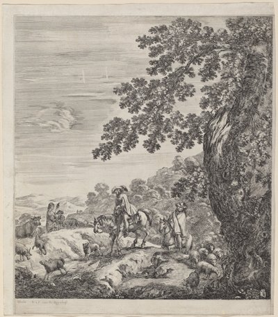 Kaksi ratsastajaa ohittaa lähellä eläinlaumaa, 1656. tekijältä Stefano della Bella