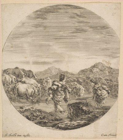 Kaksi naista ylittämässä puron, n. 1646. tekijältä Stefano della Bella