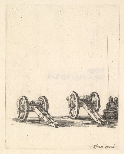 Kaksi tykkiä, kaksi sotilasta katsottuna takaa katsottuna istuen oikealla, kohdasta "Varusteet..., n. 1638-43. tekijältä Stefano della Bella