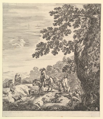 Kaksi ratsumiestä ohittaa parven, joka ratsastaa vasemmalle, talonpoikanainen ja nuori poika..., n. 1656. tekijältä Stefano della Bella