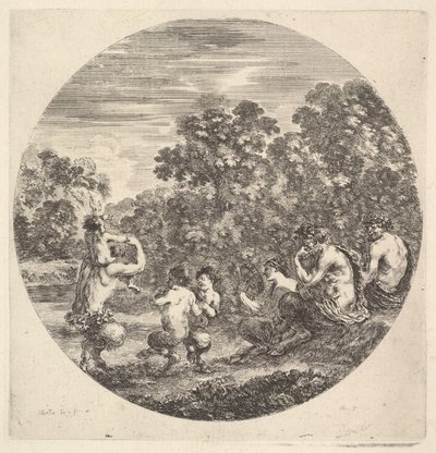 Kaksi satyyriä ja faun istuu oikealla katsomassa kahta lapsisatyyria ja toista satyyriä..., n. 1643-48. tekijältä Stefano della Bella