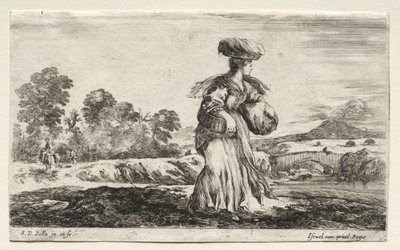 Erilaisia hahmoja ja maisemia: Talonpoikanainen kantamassa koria päässään, 1649. tekijältä Stefano della Bella
