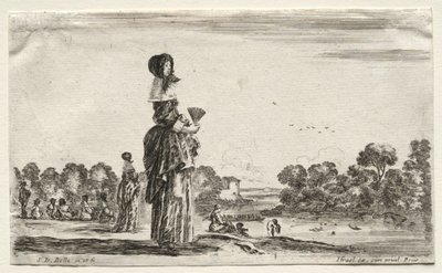Erilaisia hahmoja ja maisemia: Naiset katsomassa uimareita joen varrella, 1649. tekijältä Stefano della Bella