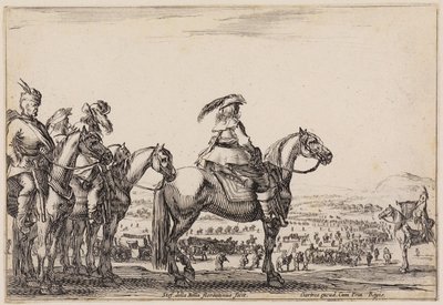 Erilaisia hahmoja (Varie figure): Armeija marssimassa tasangolla. Etualalla kukkulalla komentaja ja seurueensa, oikealla trumpetisti tekijältä Stefano della Bella