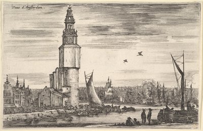 Näkymä Amsterdam Vue dAmsterdamille, torni ja talot vasemmalla, miehiä seisomassa laiturilla..., 1647. tekijältä Stefano della Bella