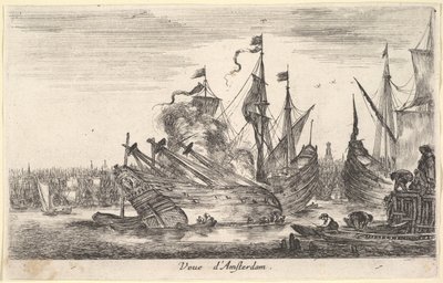 Näkymä Amsterdamin Veue dAmsterdamin satamasta, miehet soutuveneissä työskentelevät laivalla keskustassa..., 1647. tekijältä Stefano della Bella