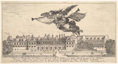 Näkymä Palais Cardinalille, Fame-hahmo ylhäällä keskellä lentää kohti vasenta..., 1649-51. tekijältä Stefano della Bella